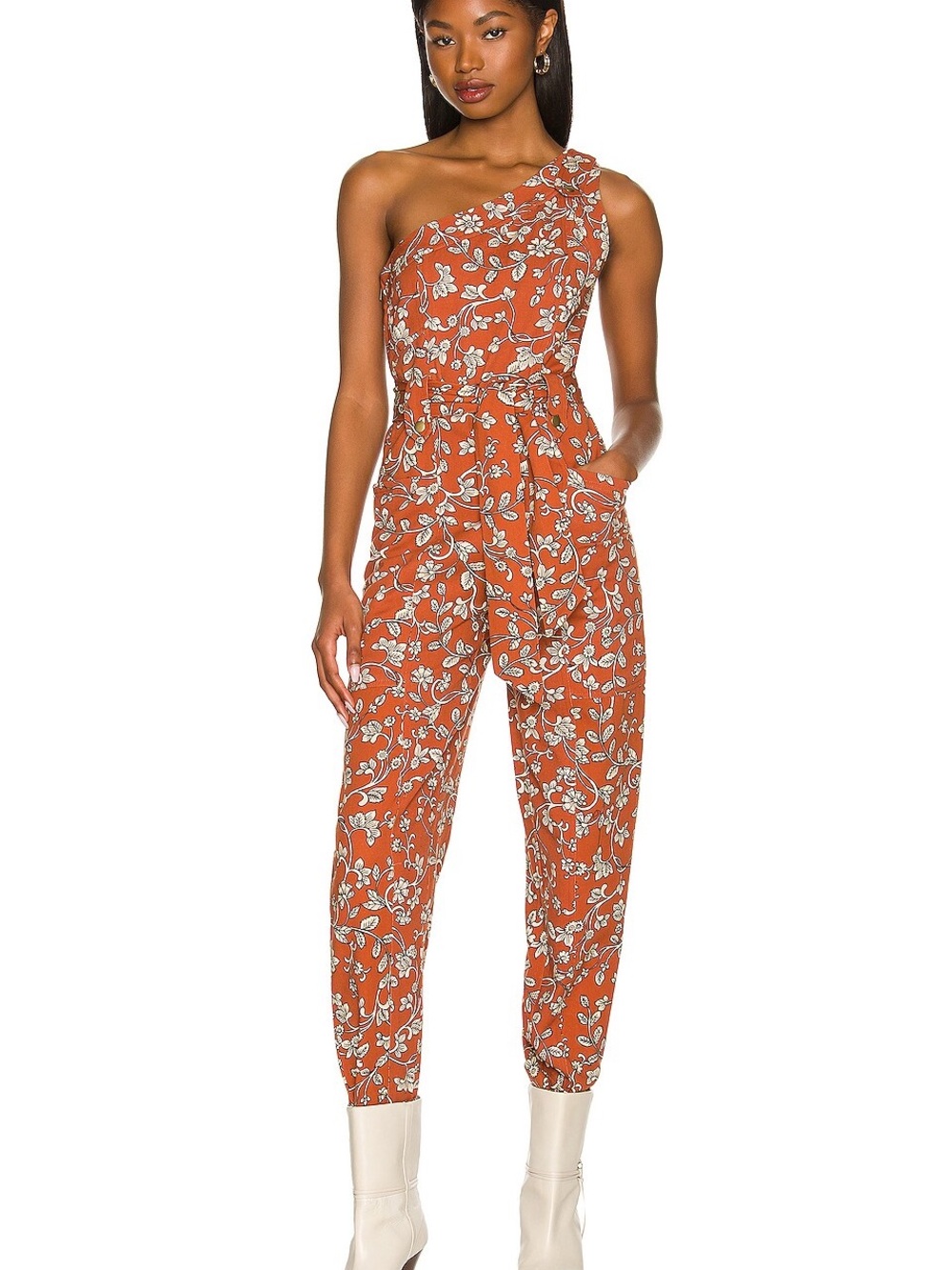 Lovers + Friends One-Shoulder Rust Floral Jumpsuit